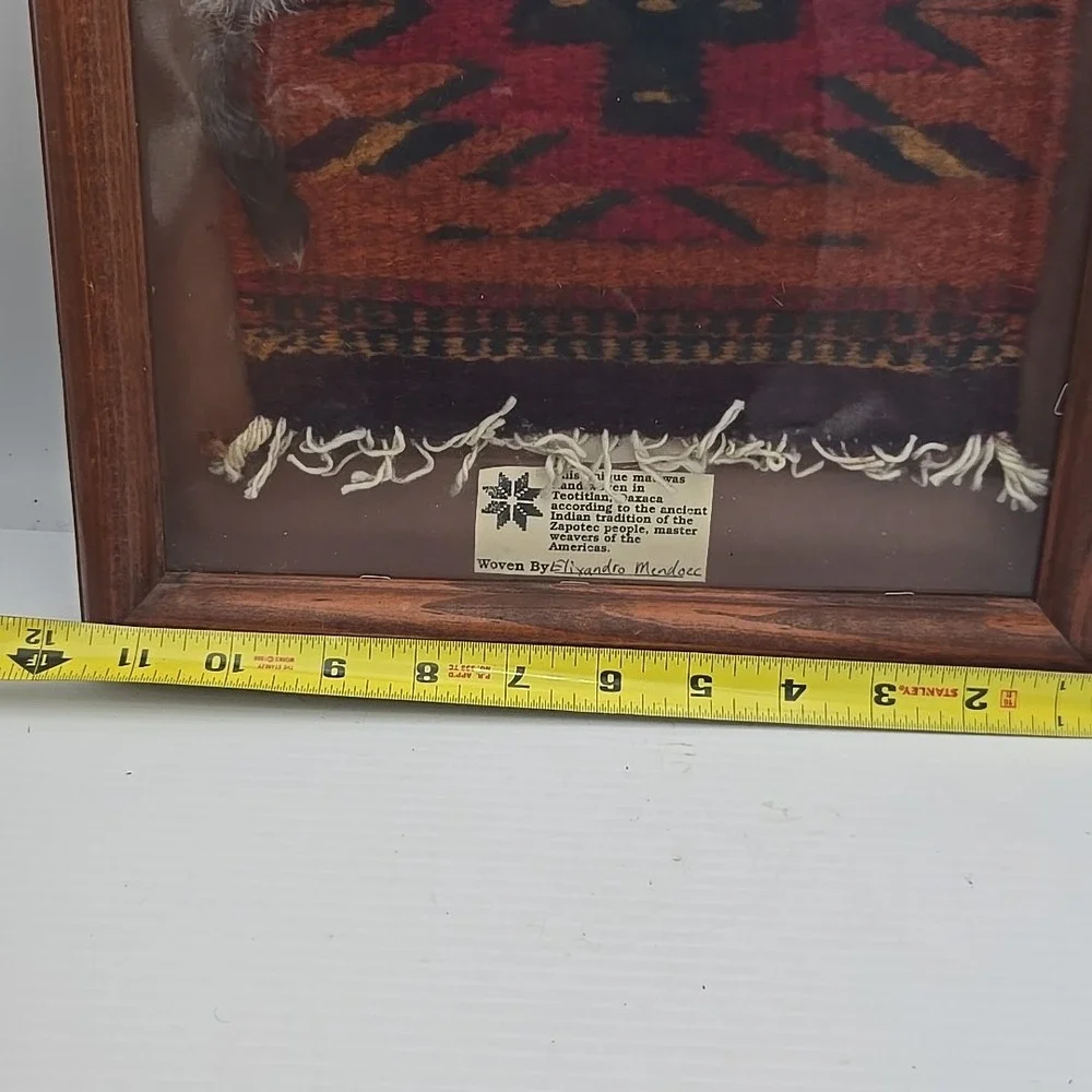 Native Indian Zapotec Oaxaca Fringed Mini‎ Wool Rug Framed